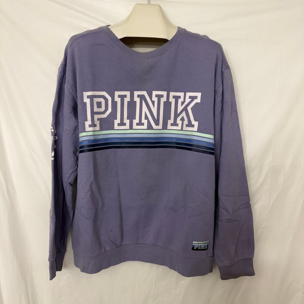 PINK Victoria's Secret Purple Lavender Striped Campus Crew Neck Sweatshirt Large